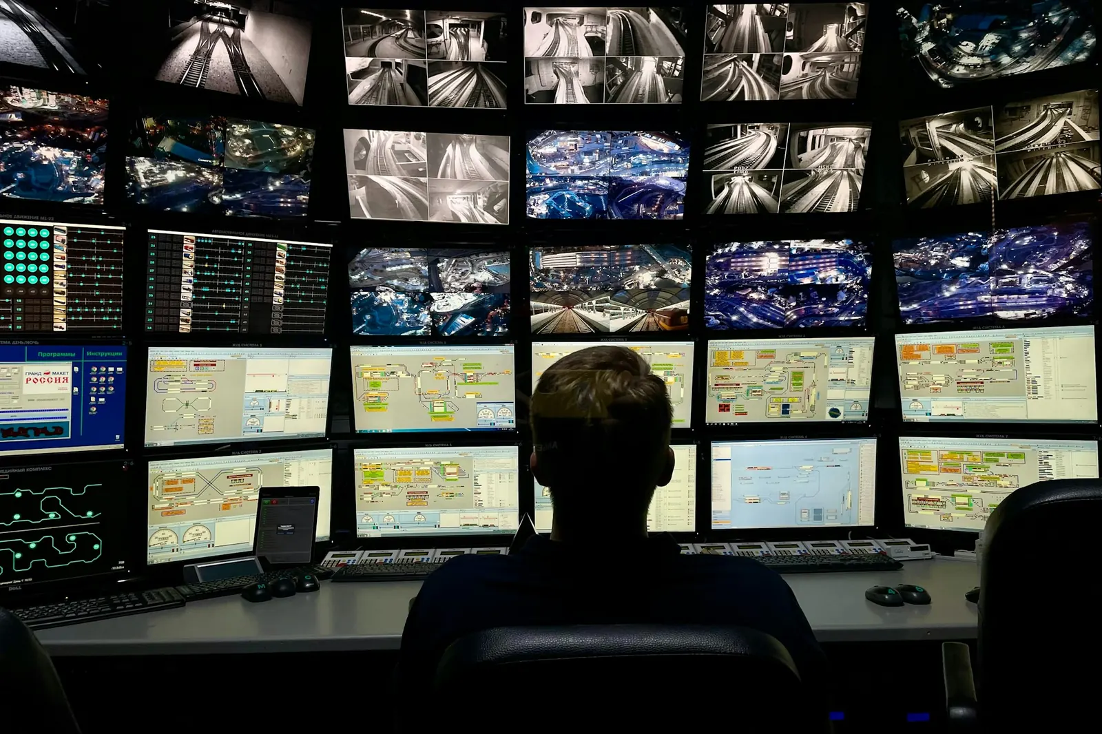 An operator watching a wall of live camera feeds
